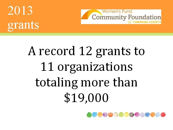 2013 grants A record 12 grants to 11 organizations totaling more than $19, 000