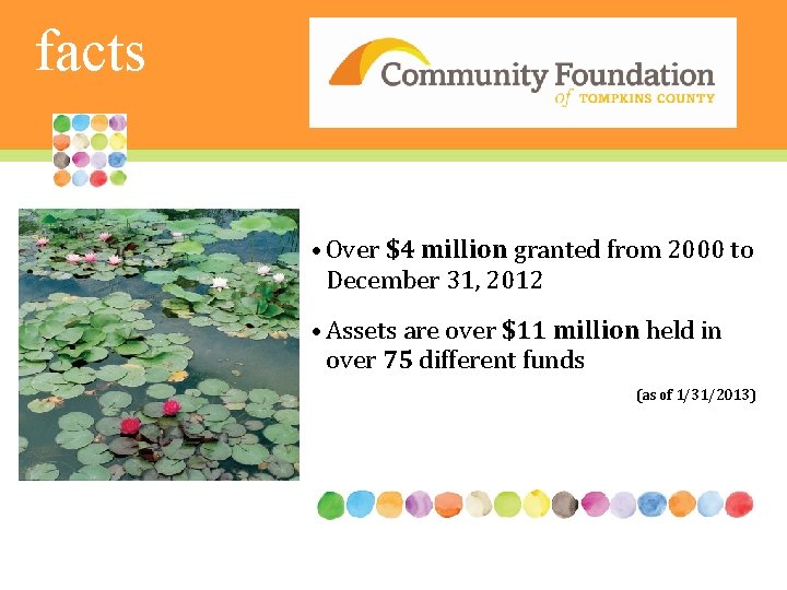 facts • Over $4 million granted from 2000 to December 31, 2012 • Assets