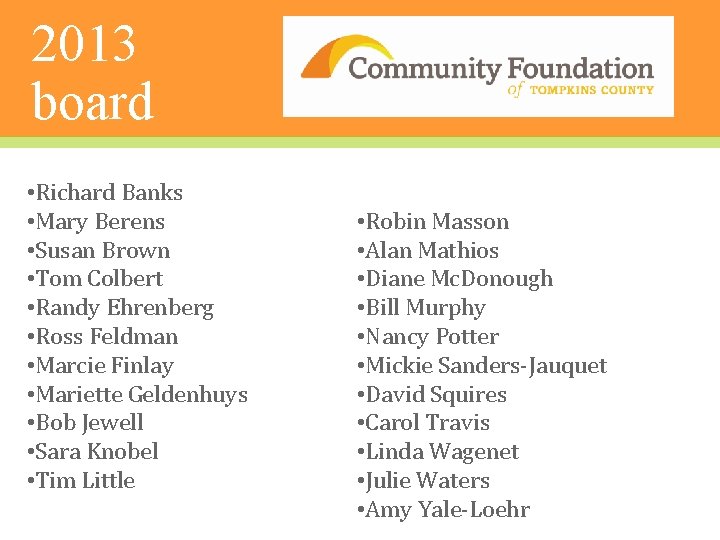 2013 board • Richard Banks • Mary Berens • Susan Brown • Tom Colbert