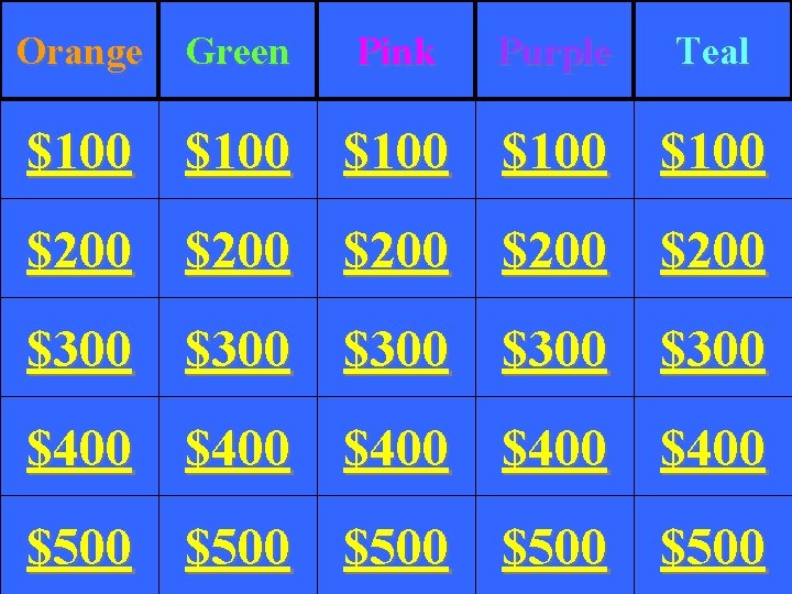 Orange Green Pink Purple Teal $100 $100 $200 $200 $300 $300 $400 $400 $500