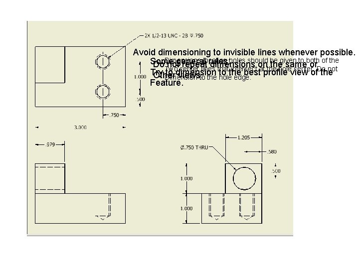 Avoid dimensioning to invisible lines whenever possible. Dimensions locating holes should be given to