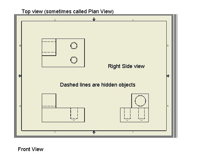 Top view (sometimes called Plan View) Right Side view Dashed lines are hidden objects