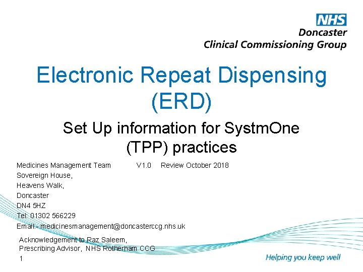 Electronic Repeat Dispensing (ERD) Set Up information for Systm. One (TPP) practices Medicines Management