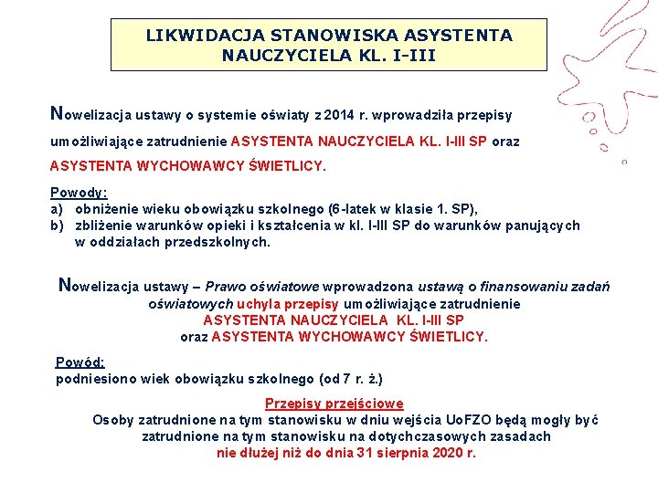 LIKWIDACJA STANOWISKA ASYSTENTA NAUCZYCIELA KL. I-III Nowelizacja ustawy o systemie oświaty z 2014 r.