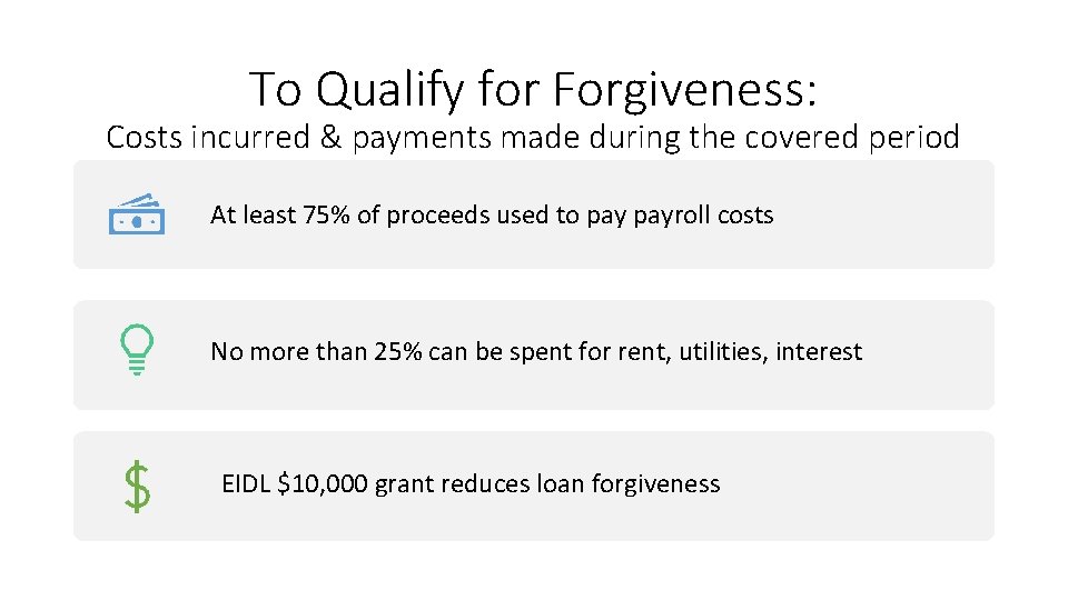 To Qualify for Forgiveness: Costs incurred & payments made during the covered period At