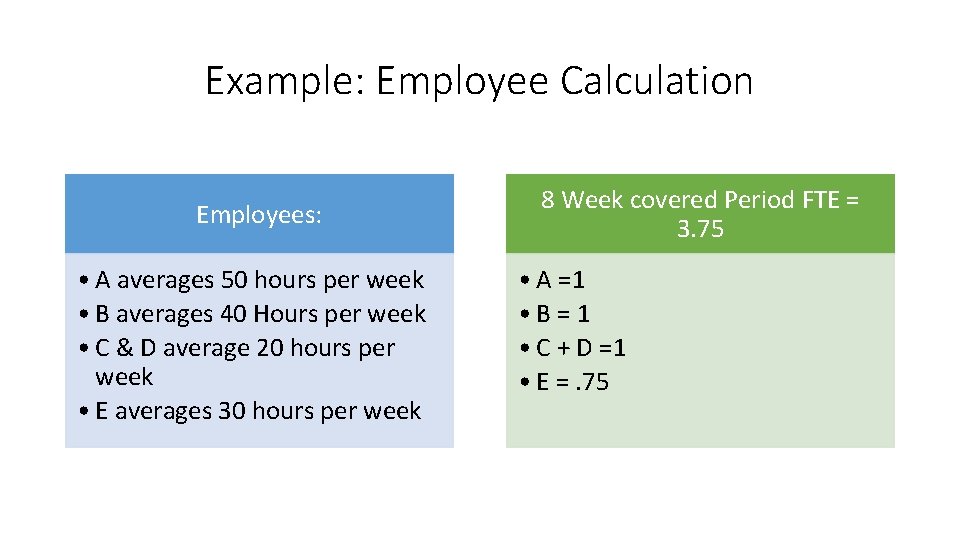 Example: Employee Calculation Employees: • A averages 50 hours per week • B averages