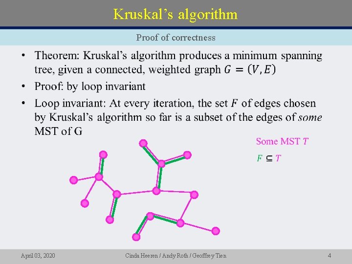 Kruskal’s algorithm Proof of correctness • April 03, 2020 Cinda Heeren / Andy Roth
