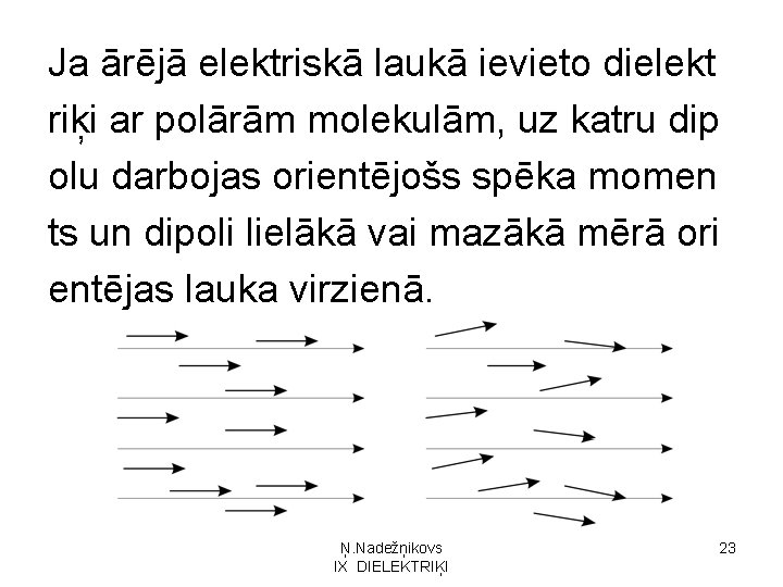 Ja ārējā elektriskā laukā ievieto dielekt riķi ar polārām molekulām, uz katru dip olu