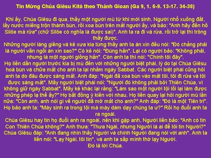Tin Mừng Chúa Giêsu Kitô theo Thánh Gioan (Ga 9, 1. 6 -9. 13
