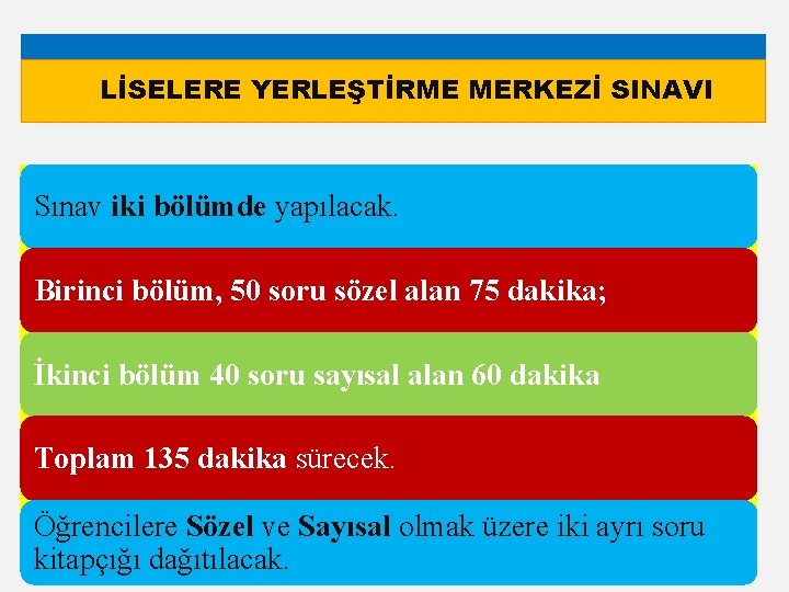 LİSELERE YERLEŞTİRME MERKEZİ SINAVI Sınav iki bölümde yapılacak. Birinci bölüm, 50 soru sözel alan