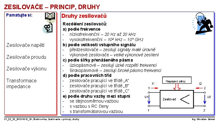 ZESILOVAČE – PRINCIP, DRUHY Pamatujte si: Zesilovače napětí Zesilovače proudu Zesilovače výkonu Transformace impedance