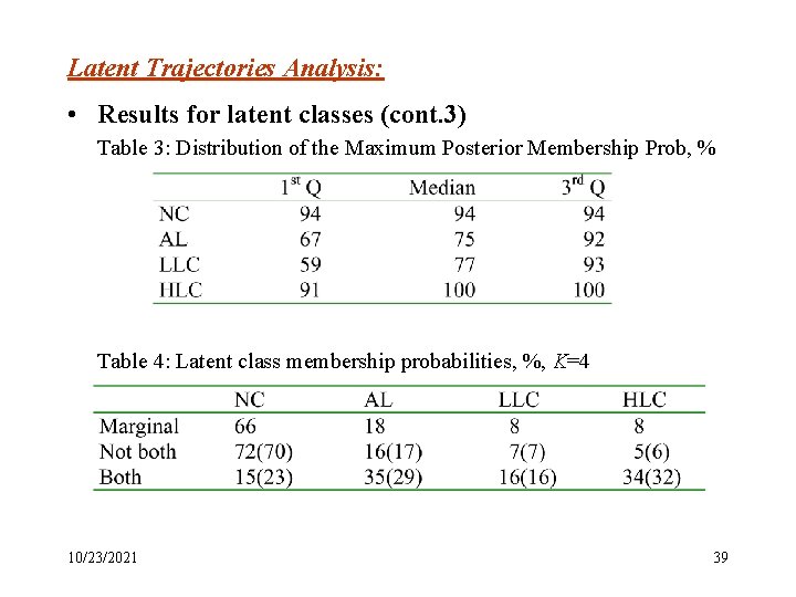 Latent Trajectories Analysis: • Results for latent classes (cont. 3) Table 3: Distribution of