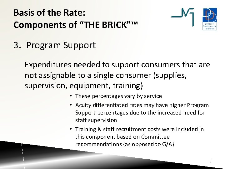 Basis of the Rate: Components of “THE BRICK”™ 3. Program Support Expenditures needed to