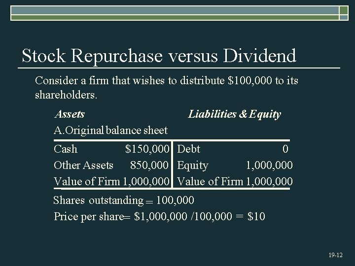 Stock Repurchase versus Dividend Consider a firm that wishes to distribute $100, 000 to