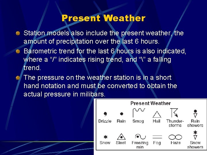 Present Weather Station models also include the present weather, the amount of precipitation over