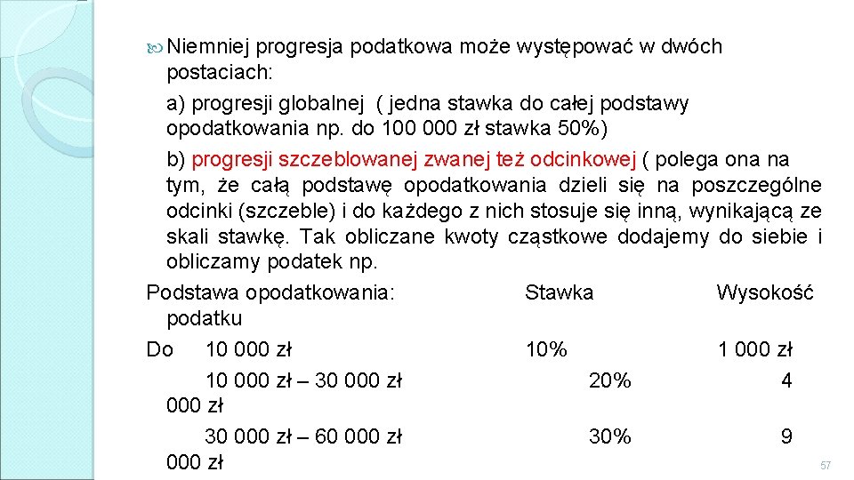  Niemniej progresja podatkowa może występować w dwóch postaciach: a) progresji globalnej ( jedna