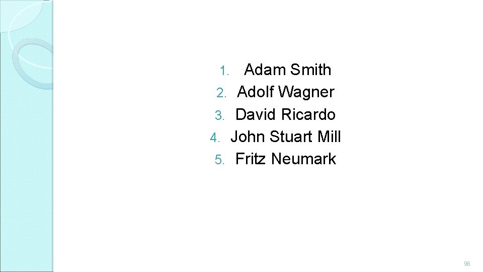Adam Smith 2. Adolf Wagner 3. David Ricardo 4. John Stuart Mill 5. Fritz
