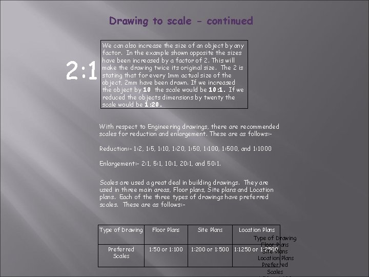 Drawing to scale - continued 2: 1 We can also increase the size of