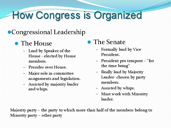 How Congress is Organized l. Congressional l Leadership The House – Lead by Speaker