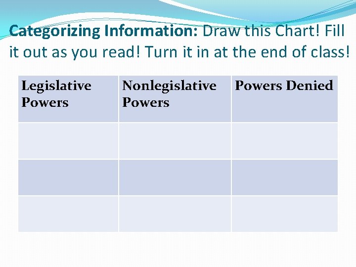 Categorizing Information: Draw this Chart! Fill it out as you read! Turn it in