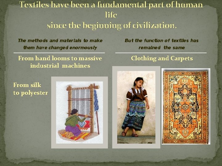 Textiles have been a fundamental part of human life since the beginning of civilization. Textiles have been a fundamental part of human life since the beginning of civilization.