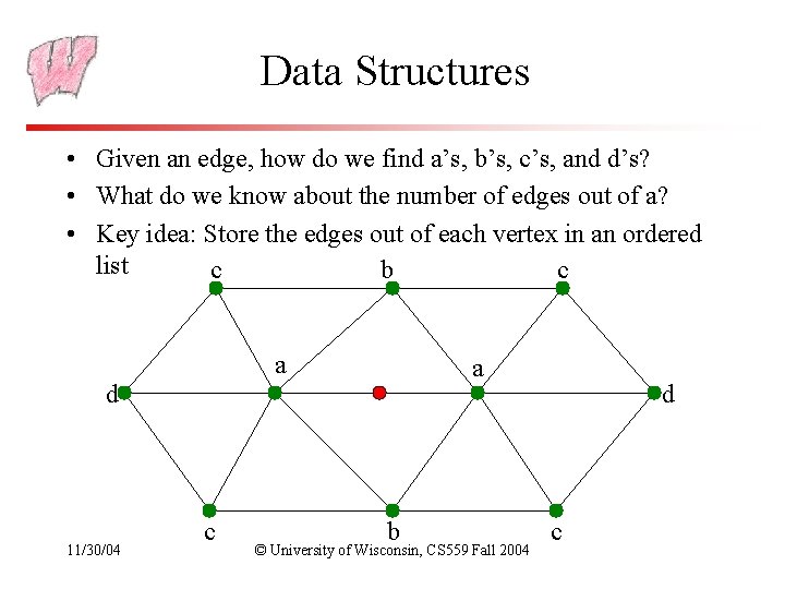 Data Structures • Given an edge, how do we find a’s, b’s, c’s, and