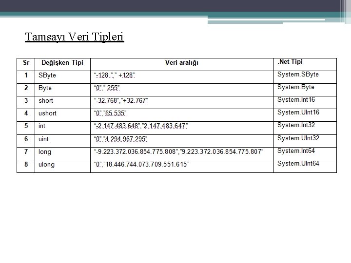 Tamsayı Veri Tipleri 