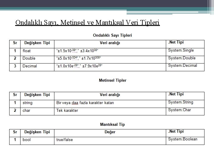 Ondalıklı Sayı, Metinsel ve Mantıksal Veri Tipleri 