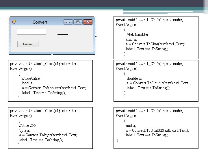 private void button 1_Click(object sender, Event. Args e) { //tek karakter char a; a