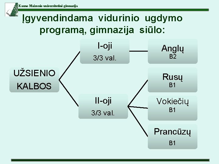 Kauno Maironio universitetinė gimnazija Įgyvendindama vidurinio ugdymo programą, gimnazija siūlo: I-oji 3/3 val. UŽSIENIO
