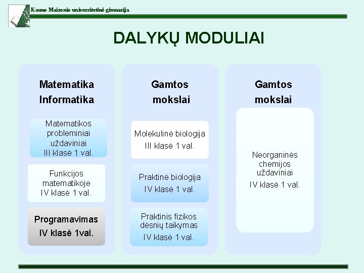 Kauno Maironio universitetinė gimnazija DALYKŲ MODULIAI Matematika Informatika Gamtos mokslai Matematikos probleminiai uždaviniai III