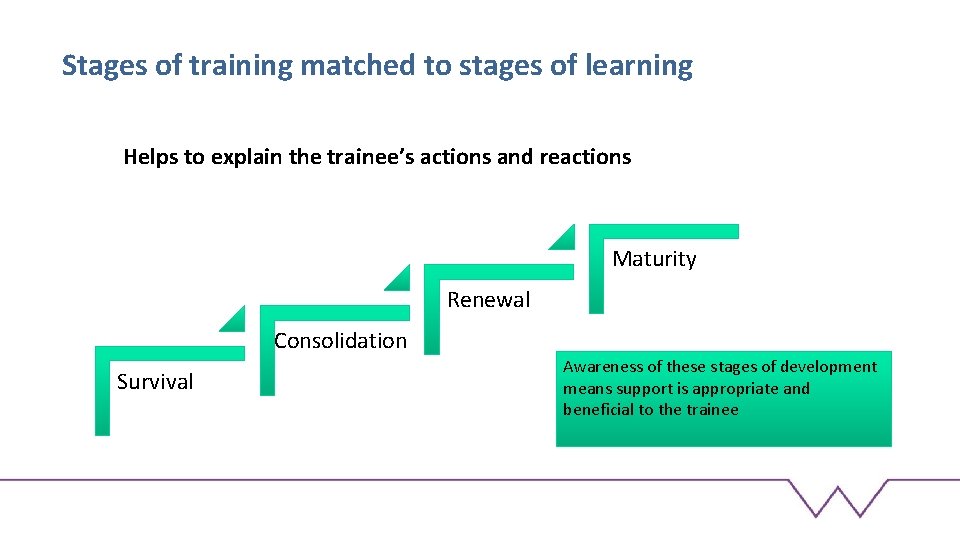 Stages of training matched to stages of learning Helps to explain the trainee’s actions