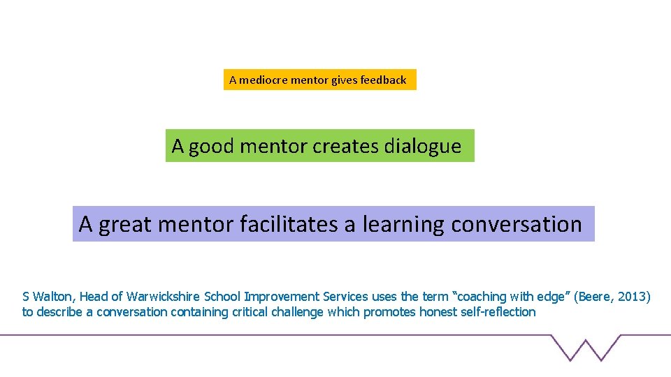 A mediocre mentor gives feedback A good mentor creates dialogue A great mentor facilitates