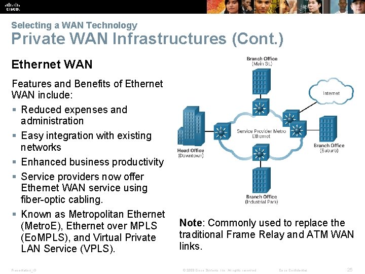 Selecting a WAN Technology Private WAN Infrastructures (Cont. ) Ethernet WAN Features and Benefits