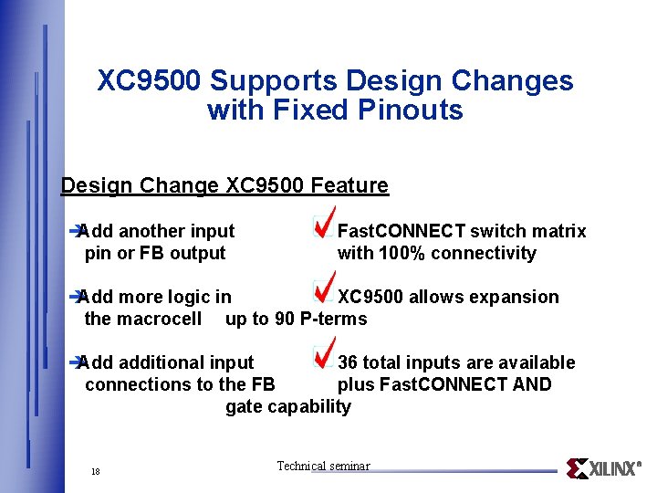 XC 9500 Supports Design Changes with Fixed Pinouts Design Change XC 9500 Feature è
