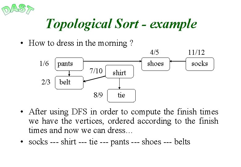 Topological Sort - example • How to dress in the morning ? 1/6 2/3