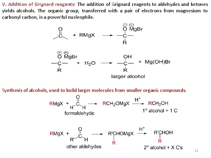 V. Addition of Grignard reagents: The addition of Grignard reagents to aldehydes and ketones