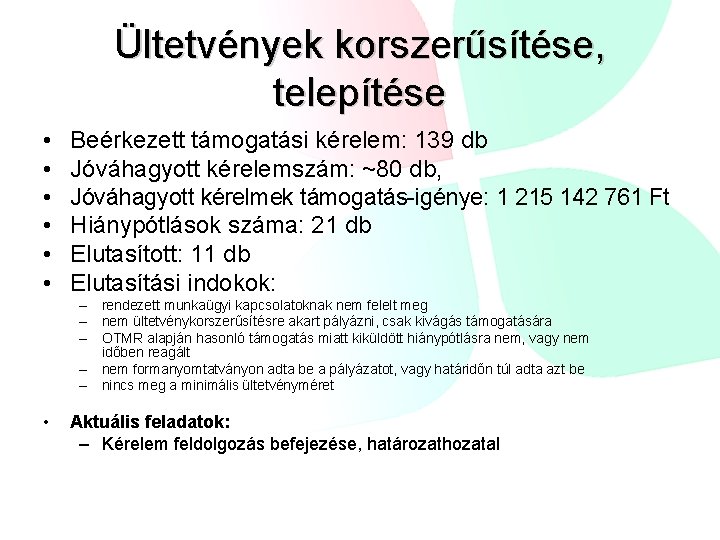 Ültetvények korszerűsítése, telepítése • • • Beérkezett támogatási kérelem: 139 db Jóváhagyott kérelemszám: ~80