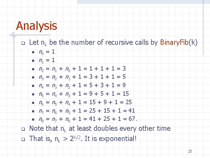 Analysis q Let nk be the number of recursive calls by Binary. Fib(k) n