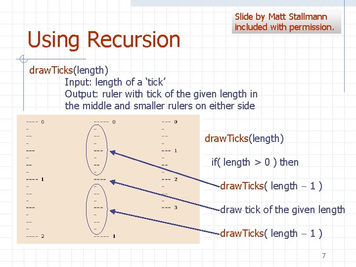 Using Recursion Slide by Matt Stallmann included with permission. draw. Ticks(length) Input: length of