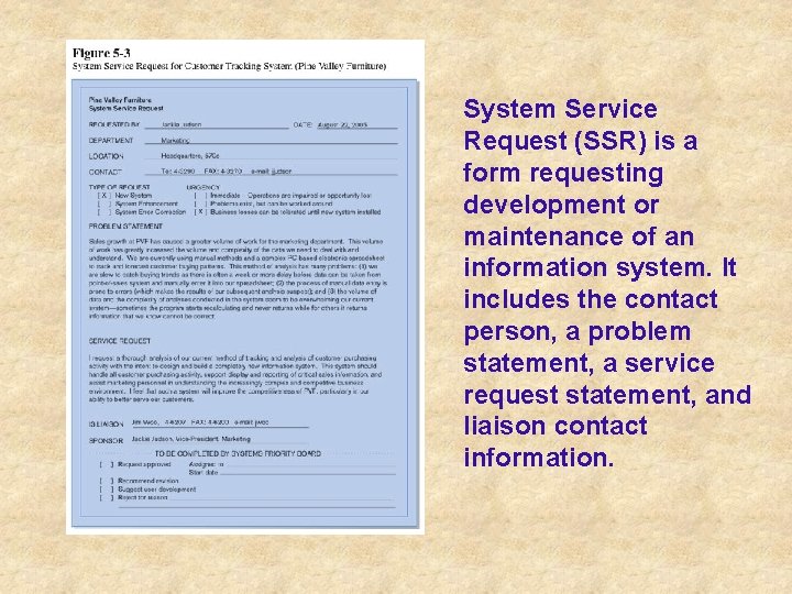 System Service Request (SSR) is a form requesting development or maintenance of an information