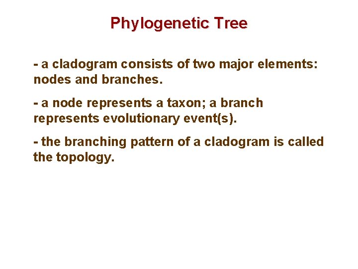 Phylogenetic Tree - a cladogram consists of two major elements: nodes and branches. -