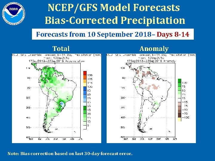 NCEP/GFS Model Forecasts Bias-Corrected Precipitation Forecasts from 10 September 2018– Days 8 -14 Total