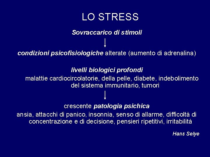 LO STRESS Sovraccarico di stimoli condizioni psicofisiologiche alterate (aumento di adrenalina) livelli biologici profondi