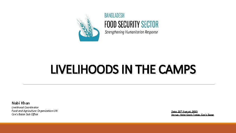 LIVELIHOODS IN THE CAMPS Nabi Khan Livelihood Coordinator Food and Agriculture Organization-UN Cox’s Bazar