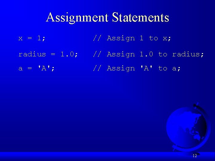 Assignment Statements x = 1; // Assign 1 to x; radius = 1. 0;