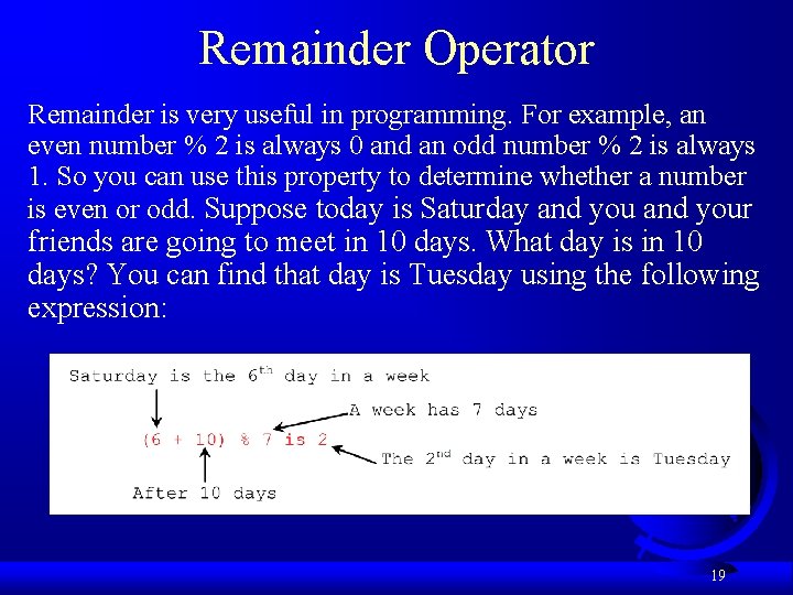 Remainder Operator Remainder is very useful in programming. For example, an even number %