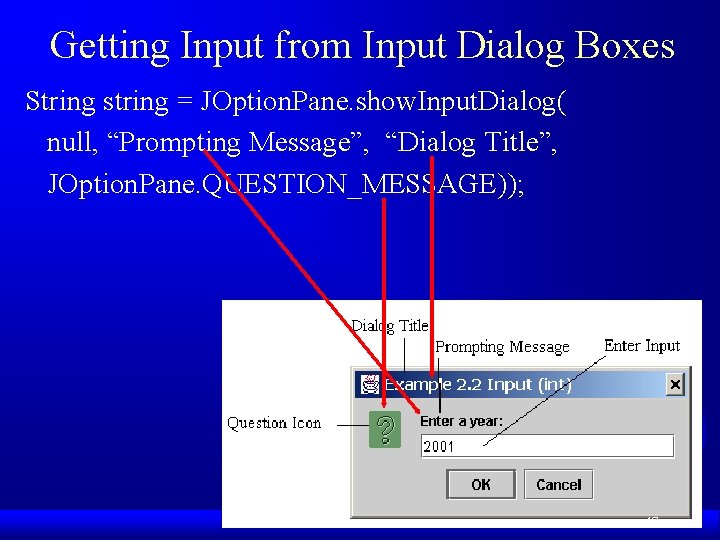 Getting Input from Input Dialog Boxes String string = JOption. Pane. show. Input. Dialog(