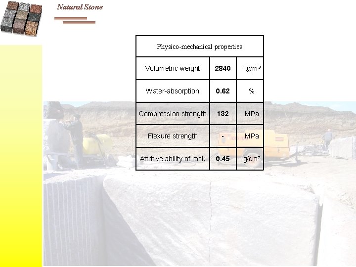 Natural Stone Physico-mechanical properties Volumetric weight 2840 kg/m 3 Water-absorption 0. 62 % Compression