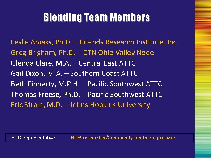 Blending Team Members Leslie Amass, Ph. D. – Friends Research Institute, Inc. Greg Brigham,